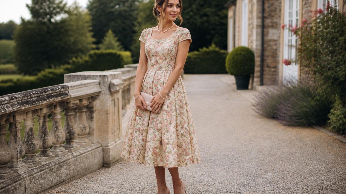 Woman in a floral tea-length vintage dress with gold jewelry and blush heels outdoors