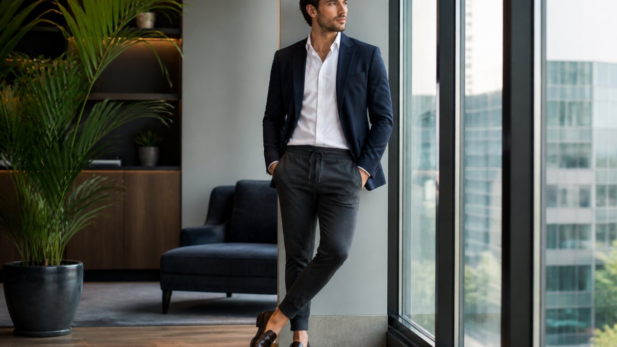 Man in charcoal athletic joggers professional outfit with a navy blazer and white shirt in a modern office.