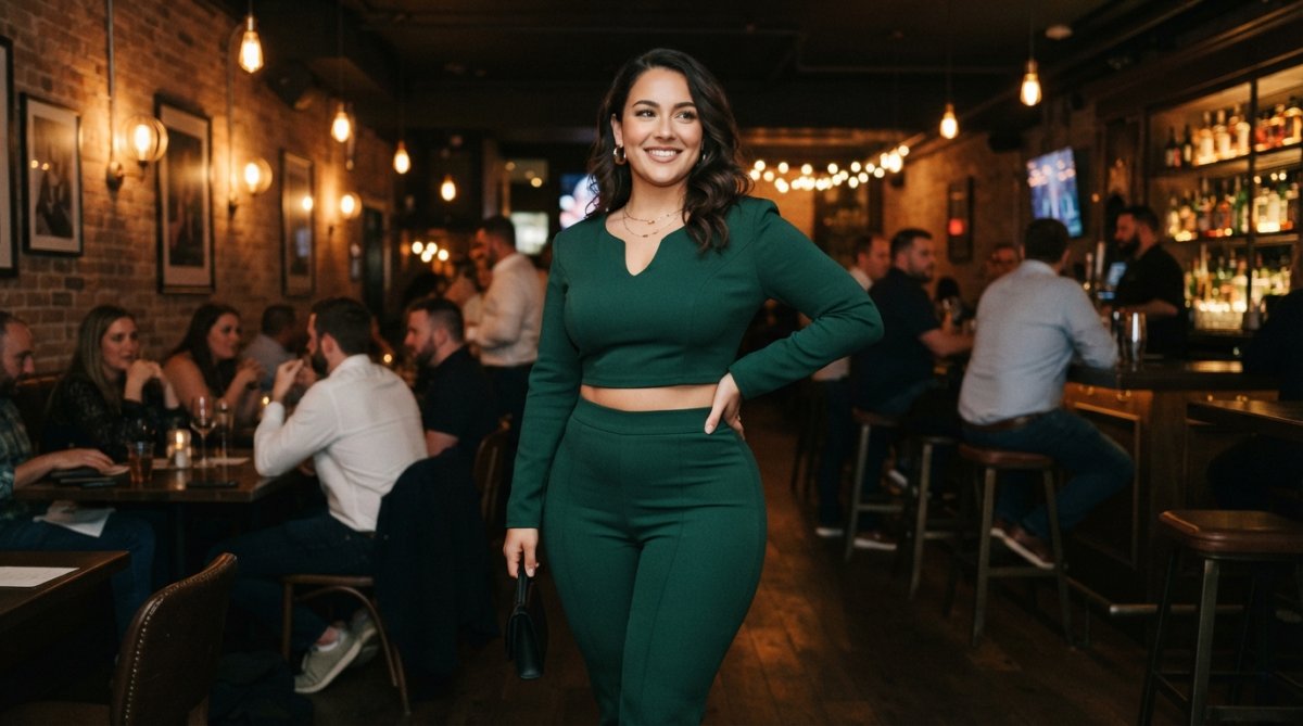 Woman wearing a tailored two-piece set with a fitted silhouette, posing confidently at a venue with warm ambient lighting, showing how the set flatters her curves and frame