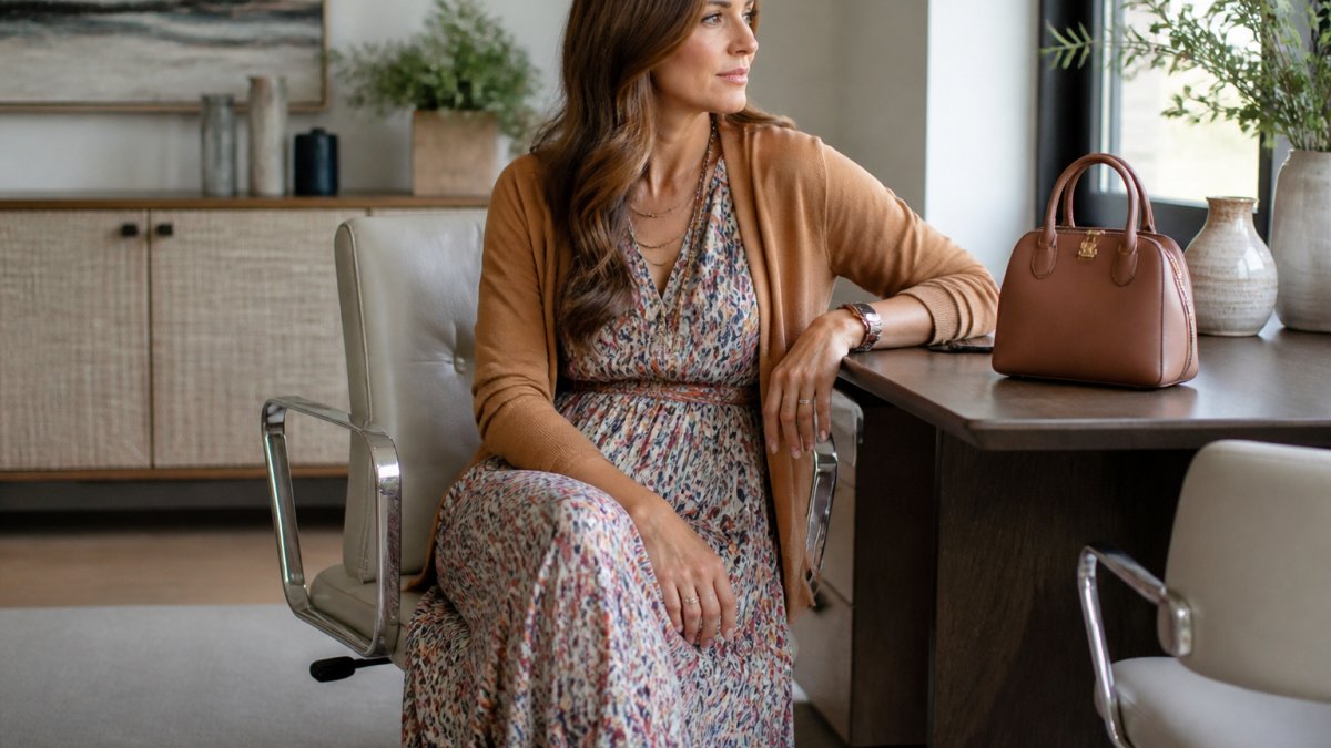 Professional woman wearing a muted boho dress with subtle geometric print, paired with a tailored camel cardigan and structured leather handbag, seated at a modern office desk with neutral tones and soft natural light