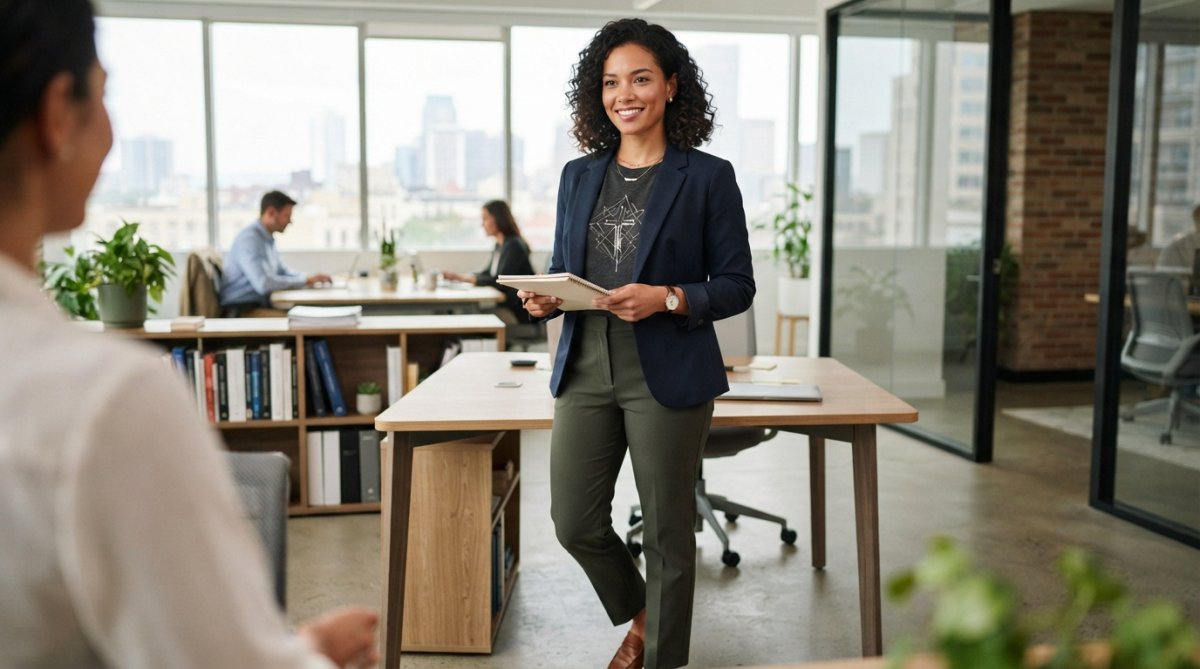Professional wearing a christian graphic tees professional style outfit with a blazer and slacks in an office