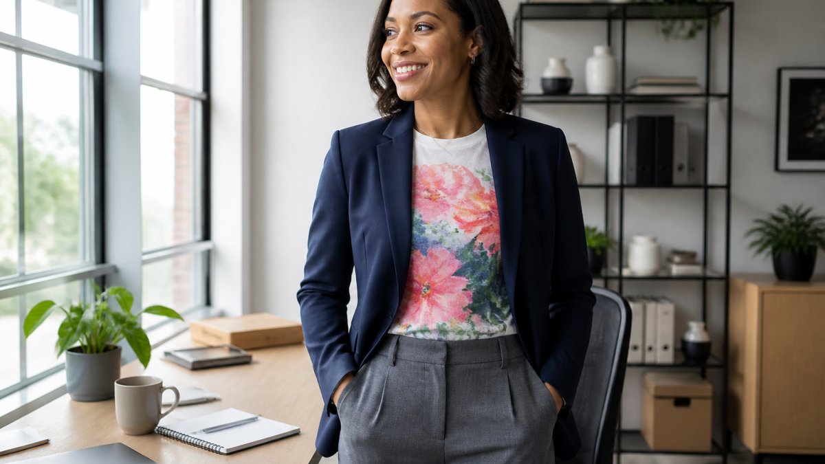 Professional woman wearing a colorful graphic tee layered under a structured navy blazer with tailored gray trousers, standing in a modern office with natural window lighting
