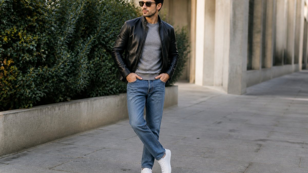 Person in a leather jacket and straight-leg jeans wearing white sneakers in natural light