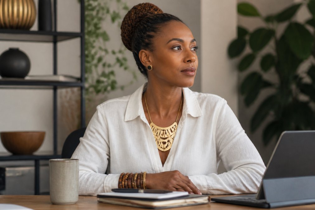 Person wearing a minimalist white linen button-up shirt layered with a bold brass statement necklace featuring geometric cutouts and stacked beaded bracelets in earth tones, styled for a modern professional setting with natural daylight