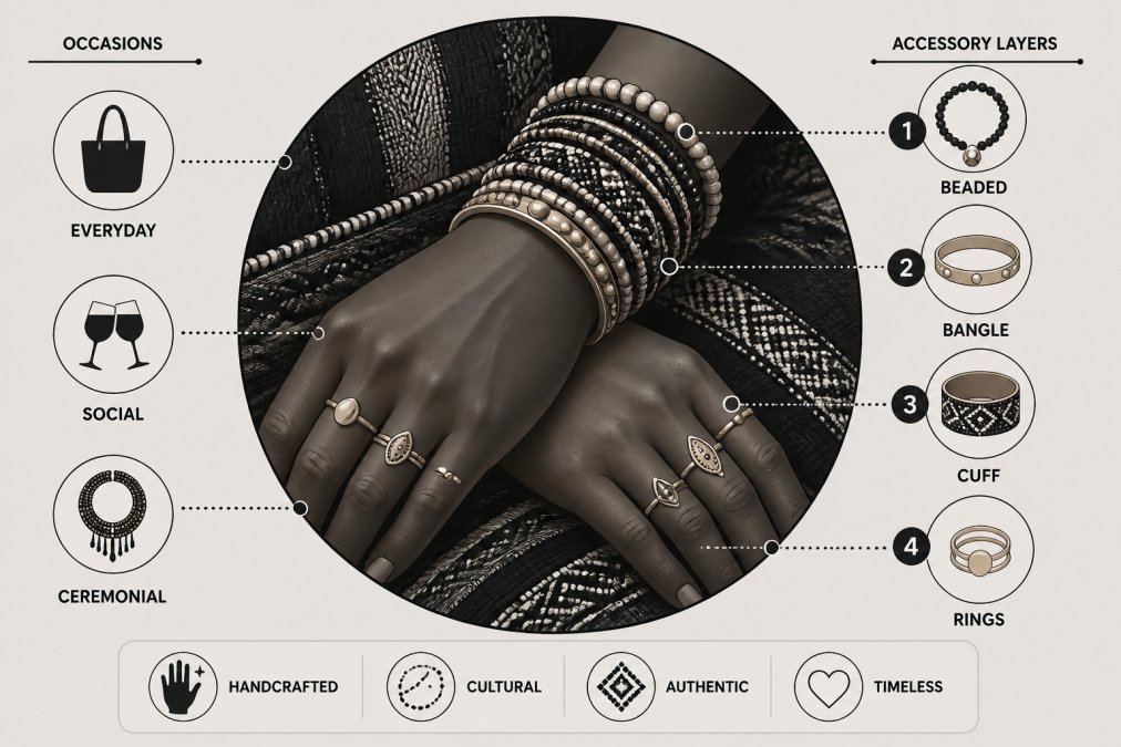 Close-up of hands wearing multiple stacked beaded bracelets in vibrant reds, golds, and earth tones, layered with delicate brass rings, arranged on a richly textured woven fabric showing intricate beadwork detail and hand-stitched patterns