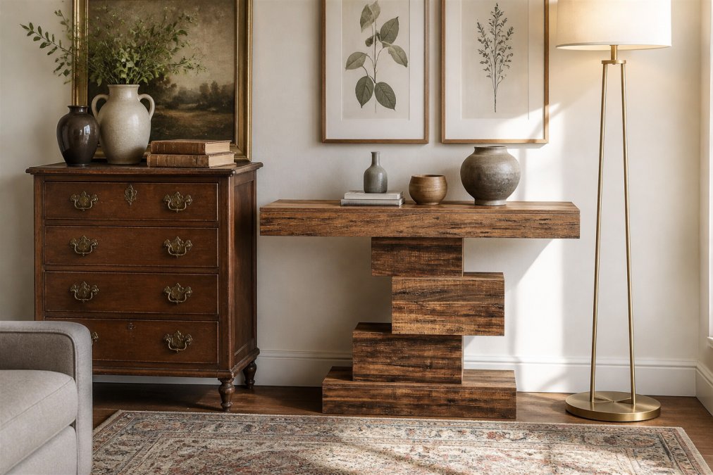 A styled corner of a living room displaying a vintage wooden dresser with brass hardware next to a modern geometric floor lamp, topped with a mix of ceramic vessels and framed botanical prints in warm natural light