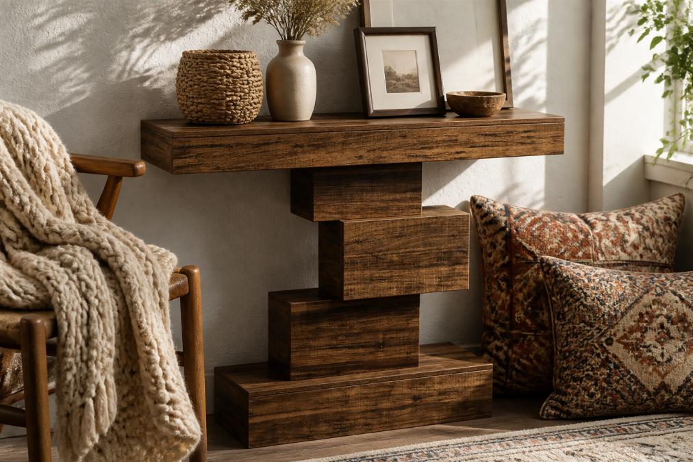 Close-up of a styled corner shelf displaying layered textures, a woven basket next to a smooth ceramic vase, a chunky knit throw draped over a wooden chair, patterned pillows in warm earth tones stacked together, natural afternoon light creating shadows across the surfaces