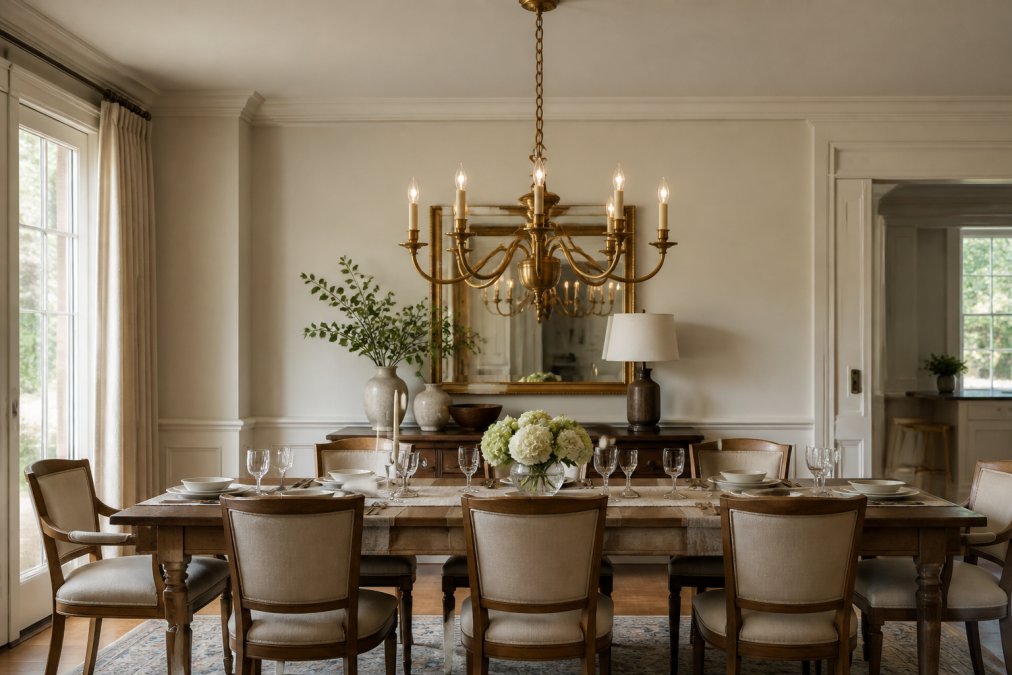 Elegant dining room with a brass chandelier suspended above a wooden table set with place settings and glassware, showing proper hanging height and how the fixture creates a focal point without obstructing sightlines