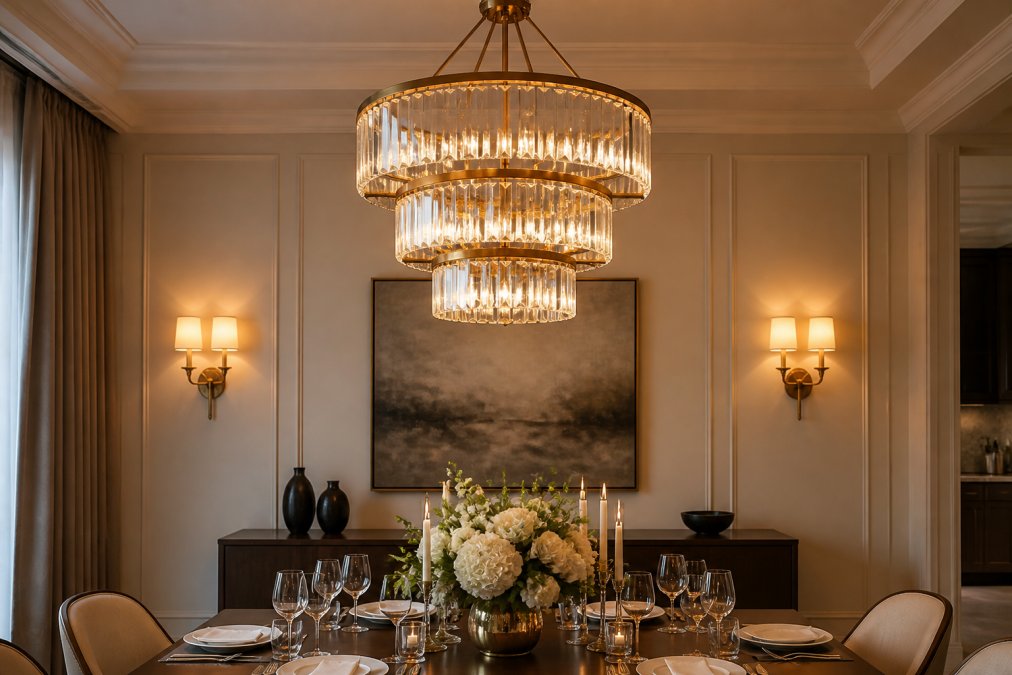 Sophisticated dining room featuring a multi-tiered brass chandelier with crystal elements suspended above a formally set dining table, with wall sconces on either side creating layered lighting and visual refinement