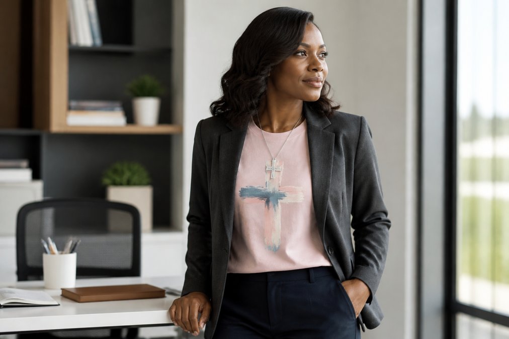 Professional woman wearing a faith-inspired graphic tee in soft pastels layered under a tailored charcoal blazer with tailored navy trousers, standing confidently at a modern office desk with natural window lighting