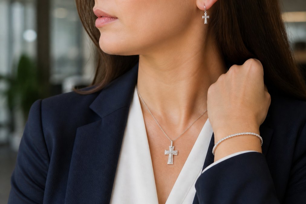 Close-up of a woman's wrist and neckline showing a delicate sterling silver diamond cross pendant necklace and subtle diamond cross earrings worn with a tailored navy blazer and white blouse in professional office lighting