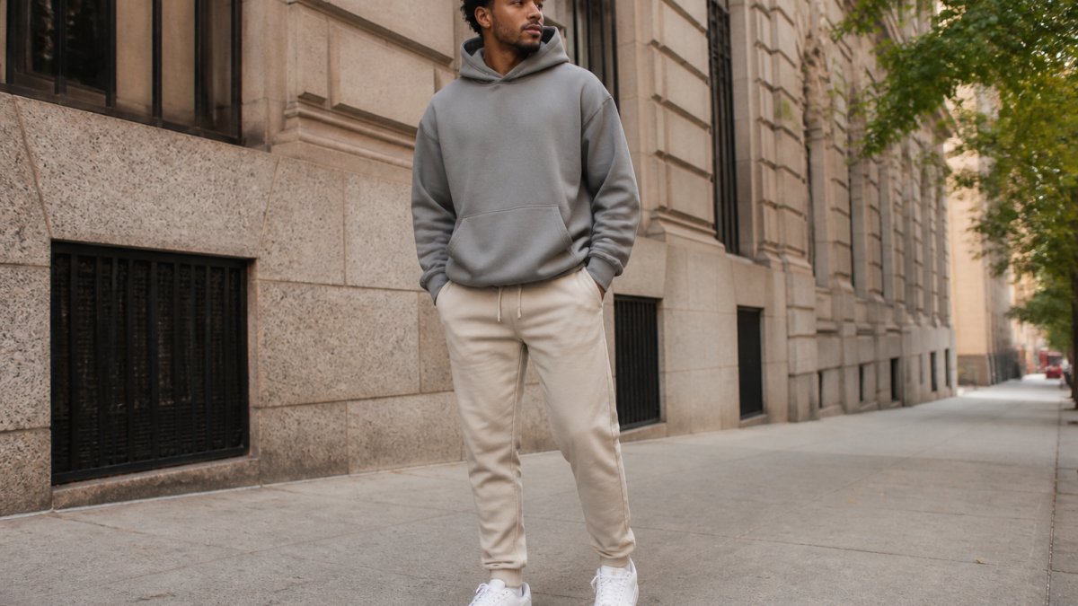 Person wearing an oversized faith-based hoodie in muted gray, styled with neutral joggers and minimalist white sneakers, standing in a casual urban setting with natural daylight, showing how contemporary streetwear expresses faith without appearing preachy