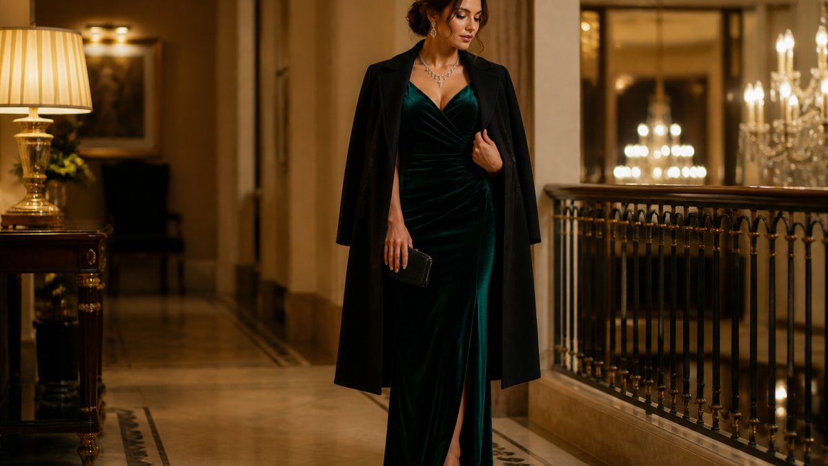 Woman wearing a formal velvet evening gown in deep jewel tones with a tailored wool coat draped elegantly over her shoulders, paired with closed-toe heels and statement jewellery, standing in an elegant indoor setting with warm lighting