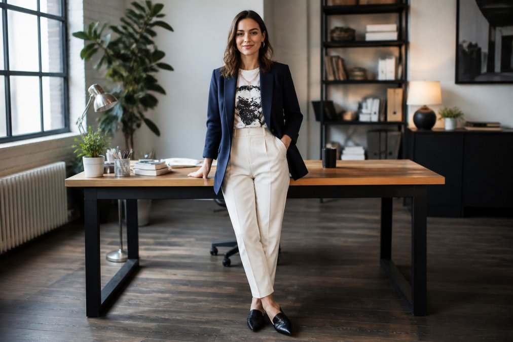 Professional woman in modern office wearing a graphic tee layered under a tailored navy blazer with tailored cream trousers and pointed-toe loafers, standing confidently at desk with natural window lighting