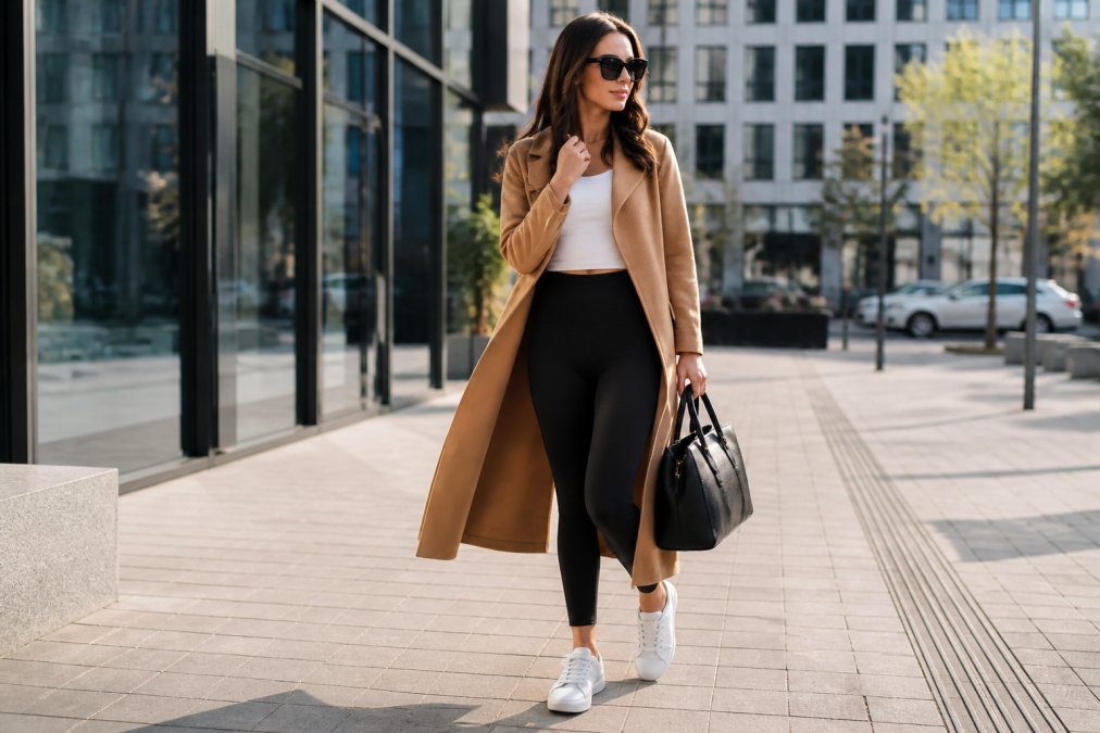 Woman wearing high-waisted black leggings with a longline camel coat, white leather sneakers, and a structured leather handbag, standing in a bright urban setting with natural daylight