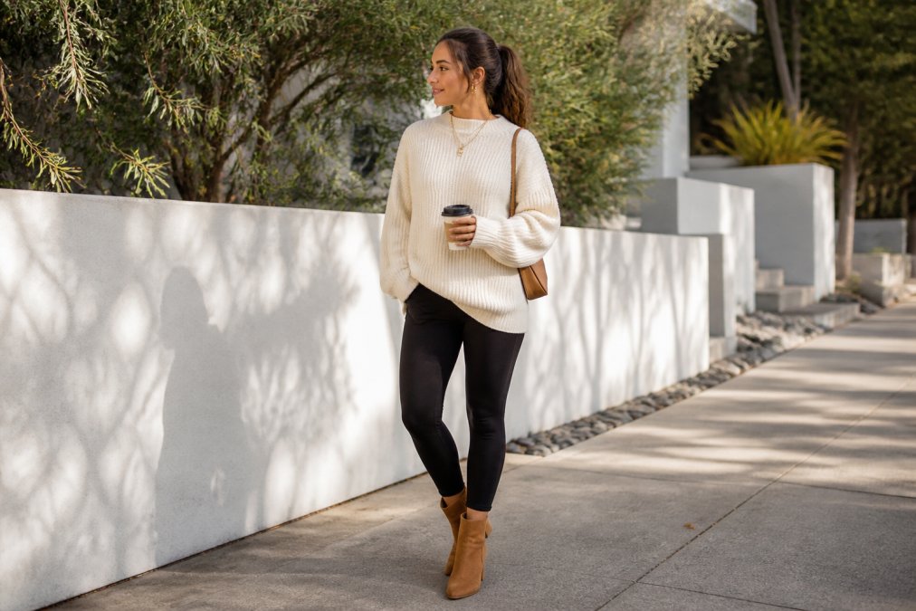 Woman in black leggings paired with an oversized cream-colored sweater, camel heeled ankle boots, and gold jewelry, photographed in natural daylight with soft shadows