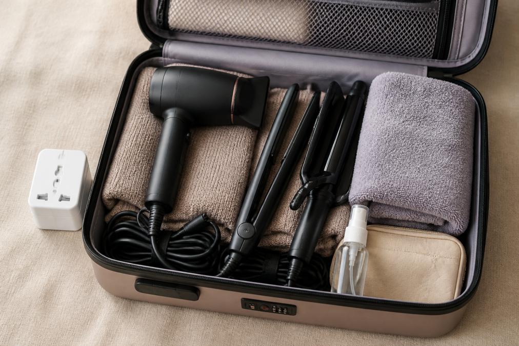 Open carry-on suitcase with neatly organized compact hair styling tools, microfiber towel, travel-size heat protectant spray, and voltage converter on neutral background