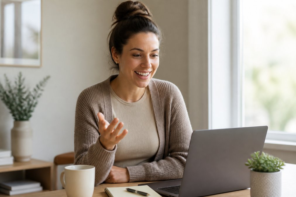 Woman wearing fitted bamboo lounge top in neutral tone layered with a structured cardigan, seated at desk in front of laptop during video call, with soft natural window lighting and neutral background