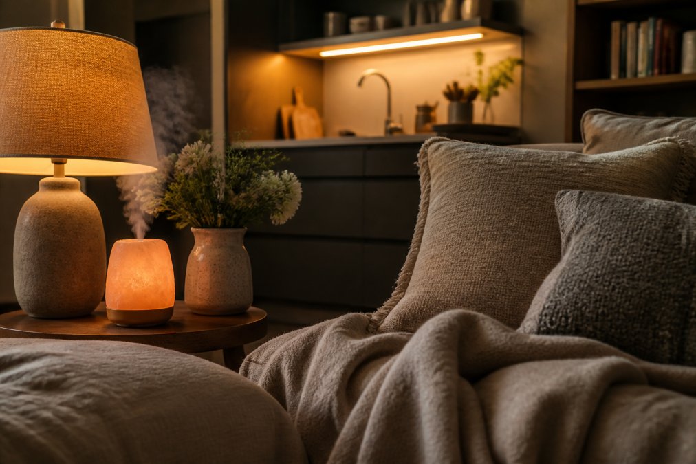 Infographic illustrating the sensory design elements for a calm and intentional studio apartment corner