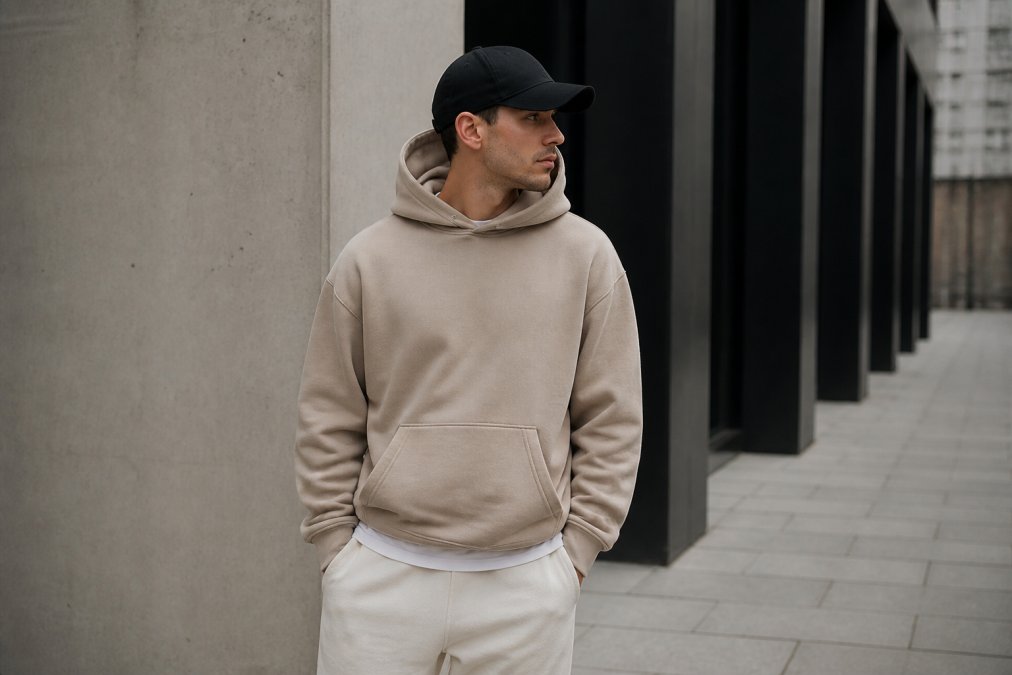 Person in a boxy neutral hoodie standing against a clean wall in a minimalist urban fashion style.