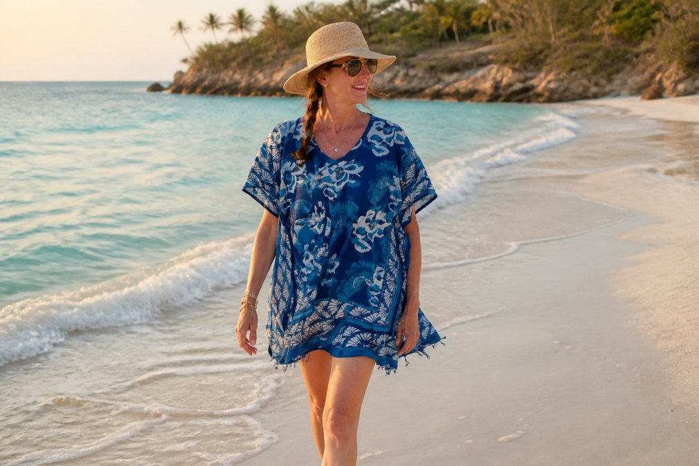 Woman wearing a hand block-printed organic cotton kaftan in indigo with silver metallic details, standing barefoot on sand near turquoise water, wearing a wide-brimmed straw hat and layered gold jewelry, soft golden-hour lighting