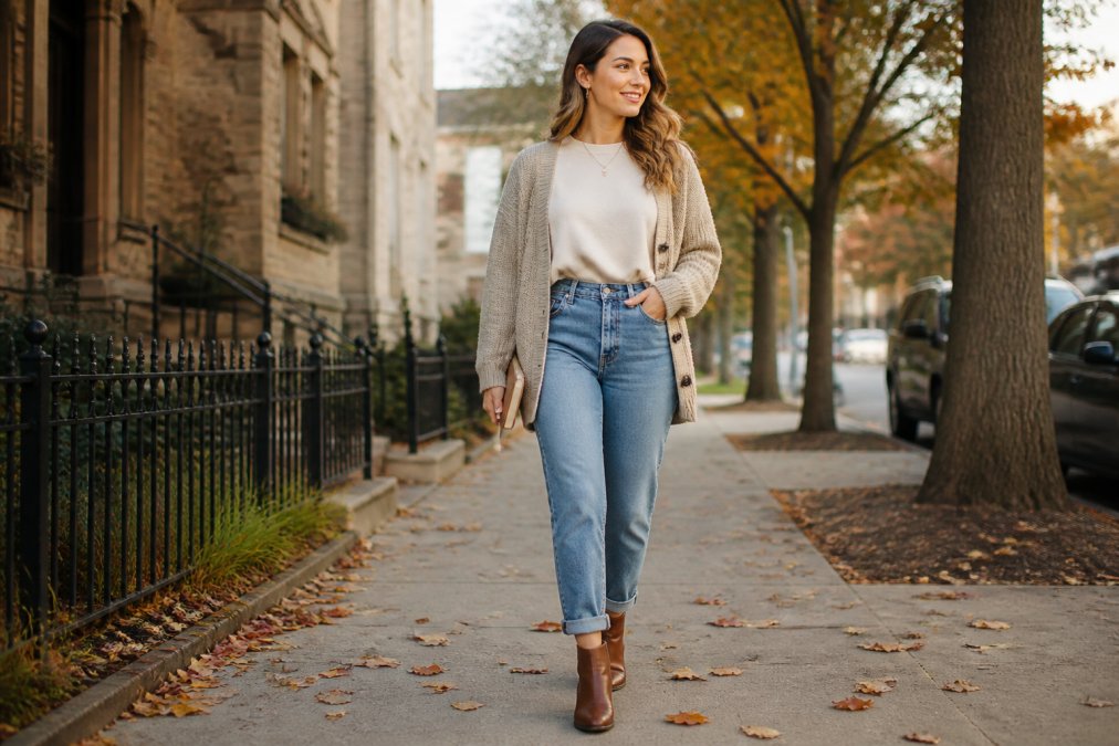 Woman wearing an oversized faith-inspired sweatshirt tucked into high-waisted jeans with ankle boots, styled with a fitted cardigan and delicate gold jewelry for a modest, polished look