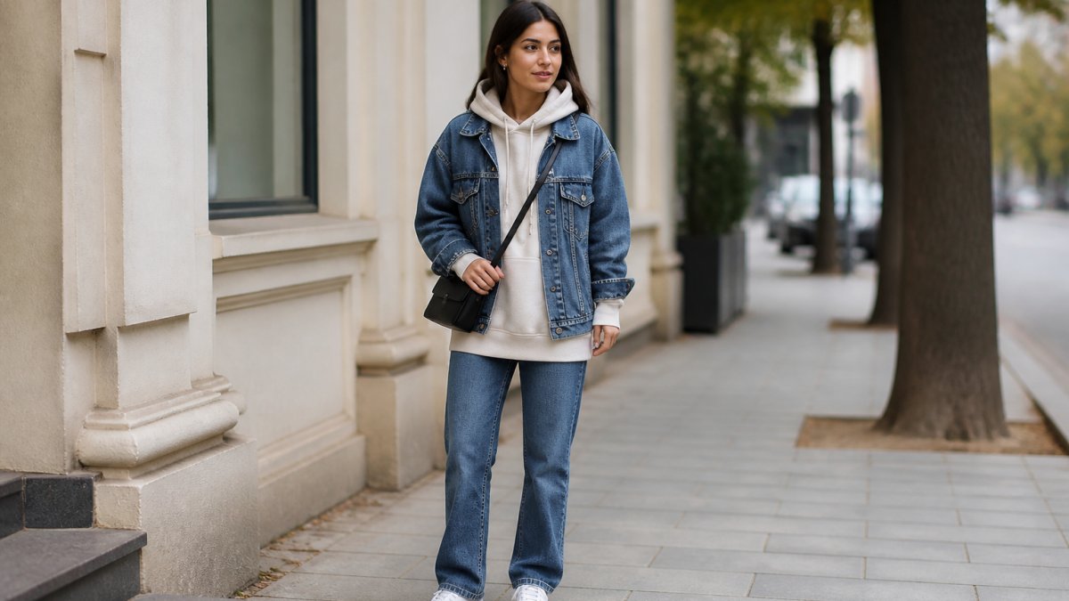 Person wearing an oversized hoodie with straight-leg jeans and white trainers, styled with a structured denim jacket and small crossbody bag, standing in natural light showing a complete polished outfit