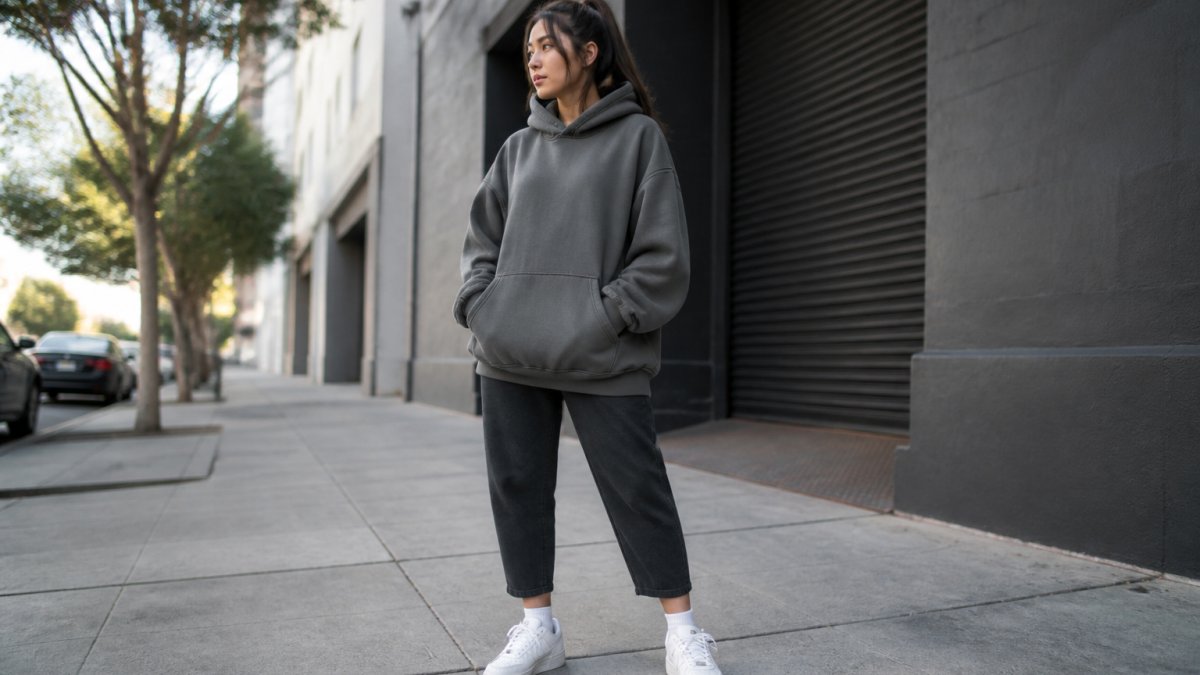 Petite woman wearing a boxy oversized hoodie with cropped, tapered pants and white sneakers, standing in natural light showing balanced proportions without overwhelming the frame