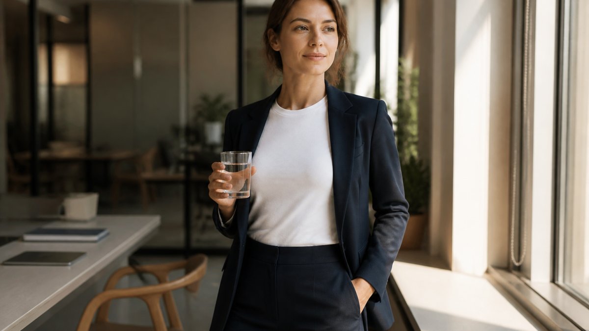 Professional woman wearing premium cotton tee tucked into tailored navy trousers with a structured blazer, standing in modern office with natural window lighting