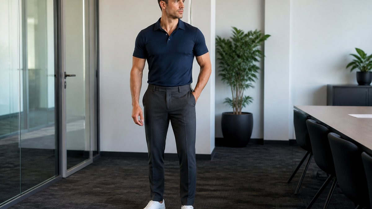 Athletic man wearing a navy resort-collar polo with tailored charcoal trousers and clean white trainers, standing in natural office lighting showing the shirt fit across shoulders and chest without bunching