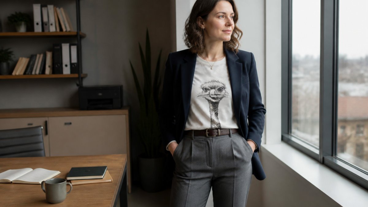 Professional in modern office setting wearing a sarcastic graphic t-shirt layered under a tailored navy blazer with structured grey trousers, polished leather shoes, and minimal jewellery, standing by a window with natural lighting