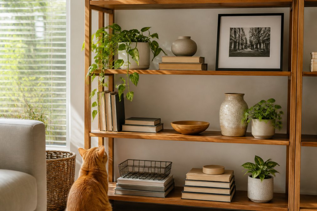 A styled open bookshelf in a sunlit living room displaying a mix of stacked books, a small potted trailing plant, a ceramic vase, and a framed black-and-white photo, arranged in balanced clusters with generous empty space between objects