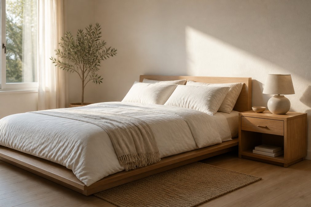A serene small bedroom with a low platform bed in warm white linen, a single wooden nightstand, and soft morning light casting gentle shadows across the neutral walls and light oak floor