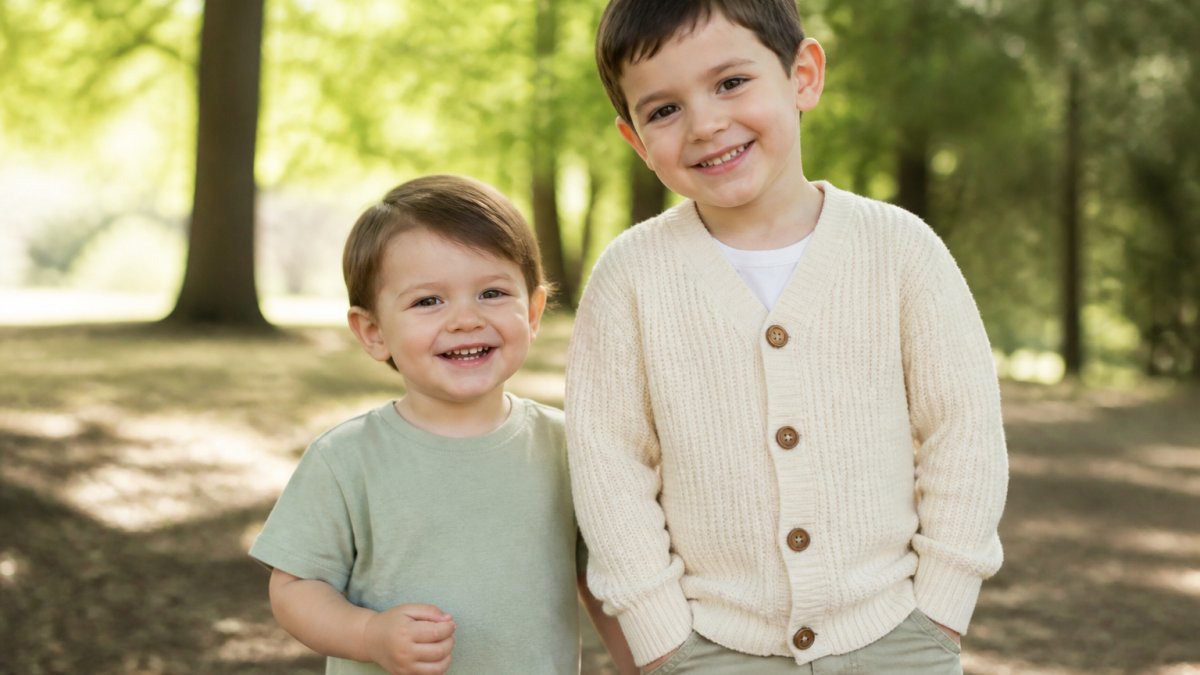 Toddler wearing soft sage green cotton tee standing outdoors with older sibling in cream cardigan, both smiling naturally in dappled sunlight, showing coordinated but distinct family outfits