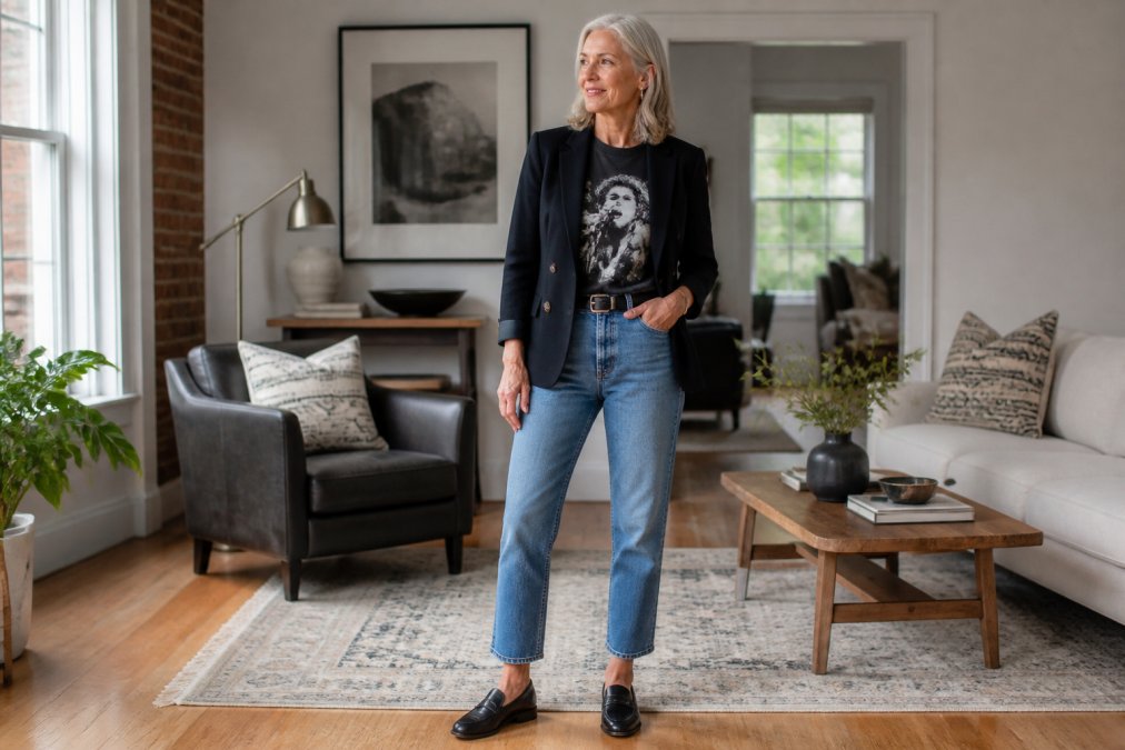 Woman over 50 wearing a vintage band tee layered under a structured blazer with tailored jeans and leather loafers, standing confidently in natural light