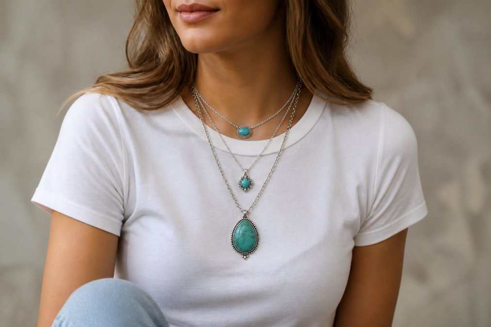 Woman wearing a white fitted t-shirt and light denim with layered turquoise and sterling silver necklaces at varying depths, photographed from chest up against a soft neutral background