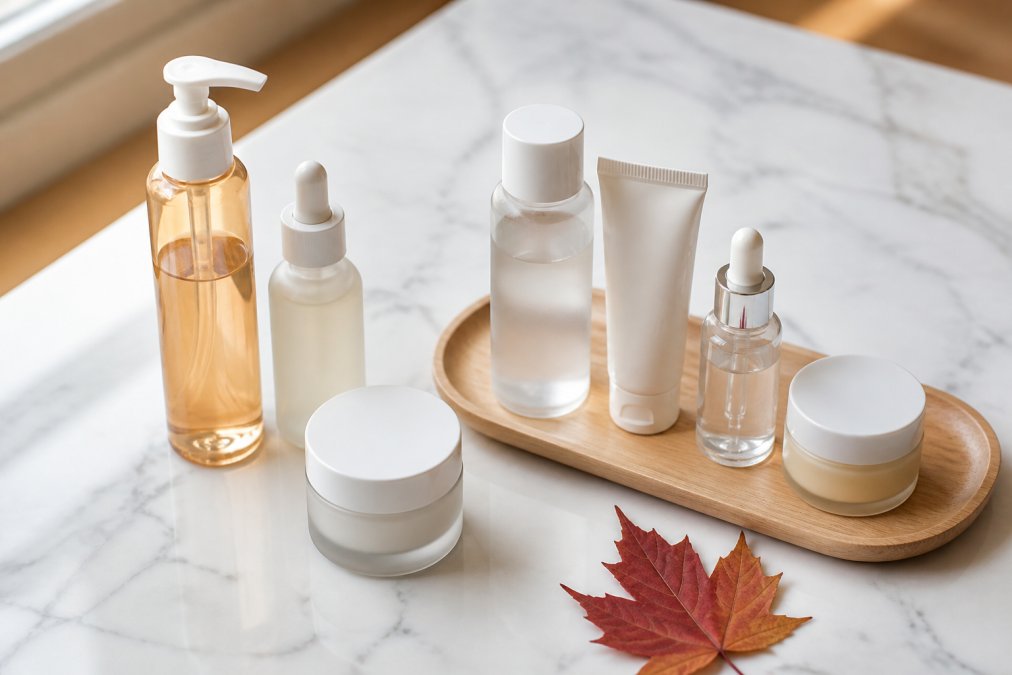 Korean skincare products on a marble counter as stylevana alternatives for Canadian shoppers