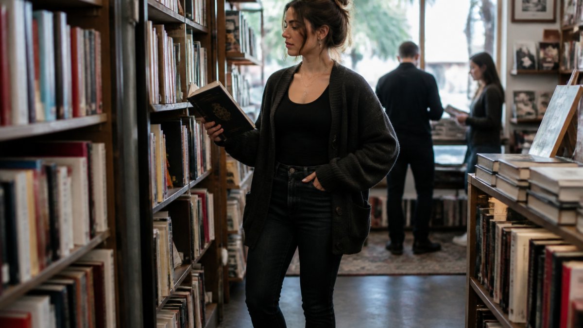 A person in a black bodysuit layered under a structured charcoal cardigan, paired with dark jeans and boots, standing in a bookstore aisle holding a hardcover novel
