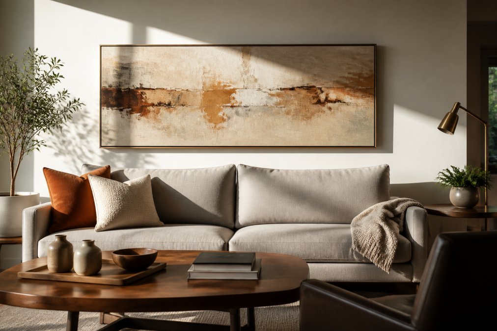 A bright, modern living room with a large horizontal abstract painting in warm neutral tones hanging centered above a light gray sofa, the bottom of the frame about 8 inches above the back cushions, soft afternoon light casting gentle shadows