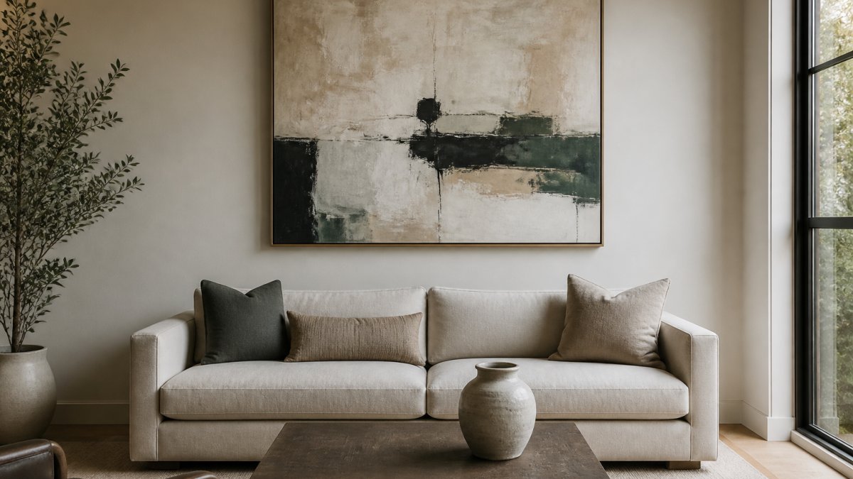 Diagram showing ideal spacing and placement for abstract art above a low-profile living room sofa.