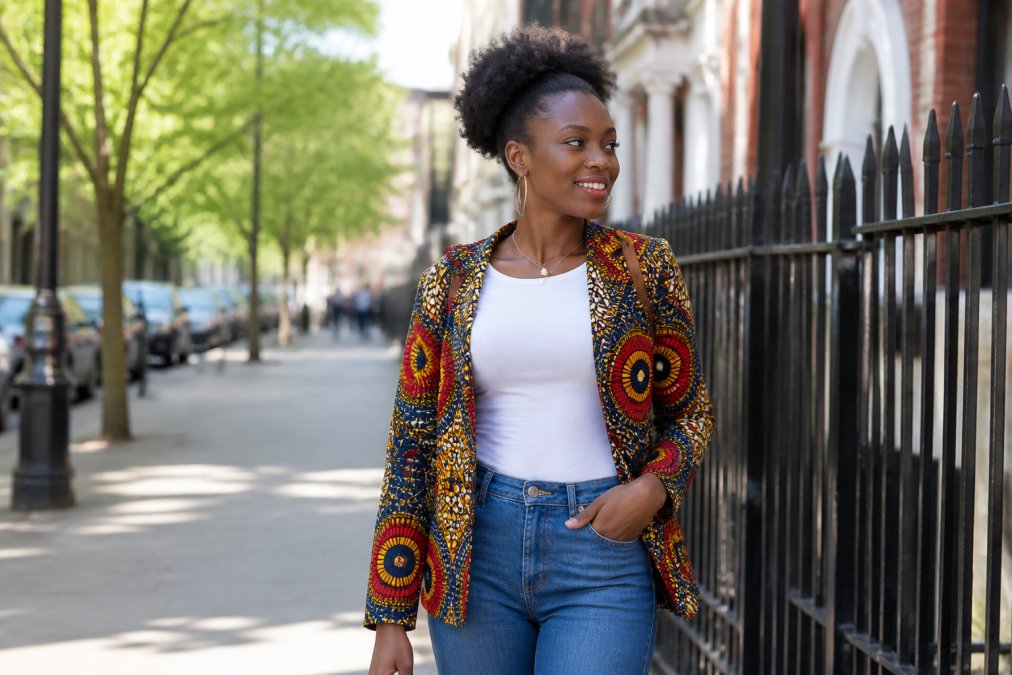 A young woman wearing an Ankara print jacket over a plain white top and blue jeans, standing outdoors on a city street, natural daylight