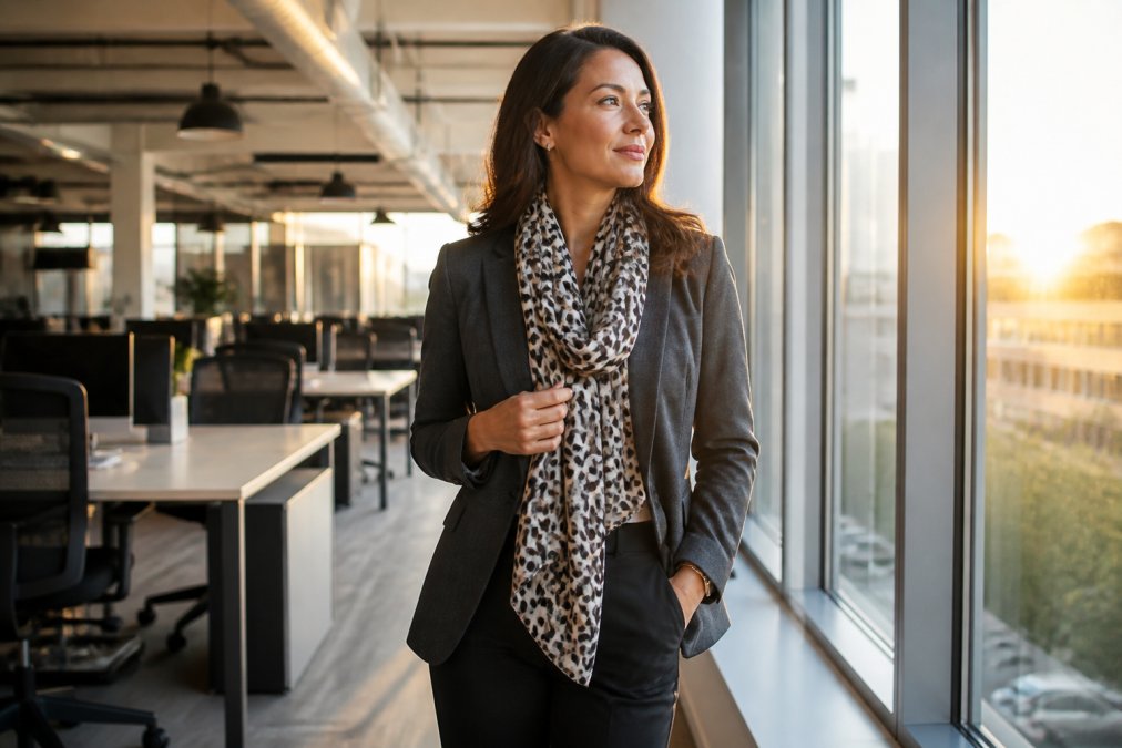 Professional illustration showing black and professional and woman concepts for animal print scarves