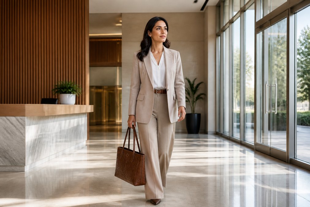 Professional woman in a neutral blazer and tailored trousers carrying a handcrafted leather tote, walking confidently through a modern office lobby with natural light streaming through windows