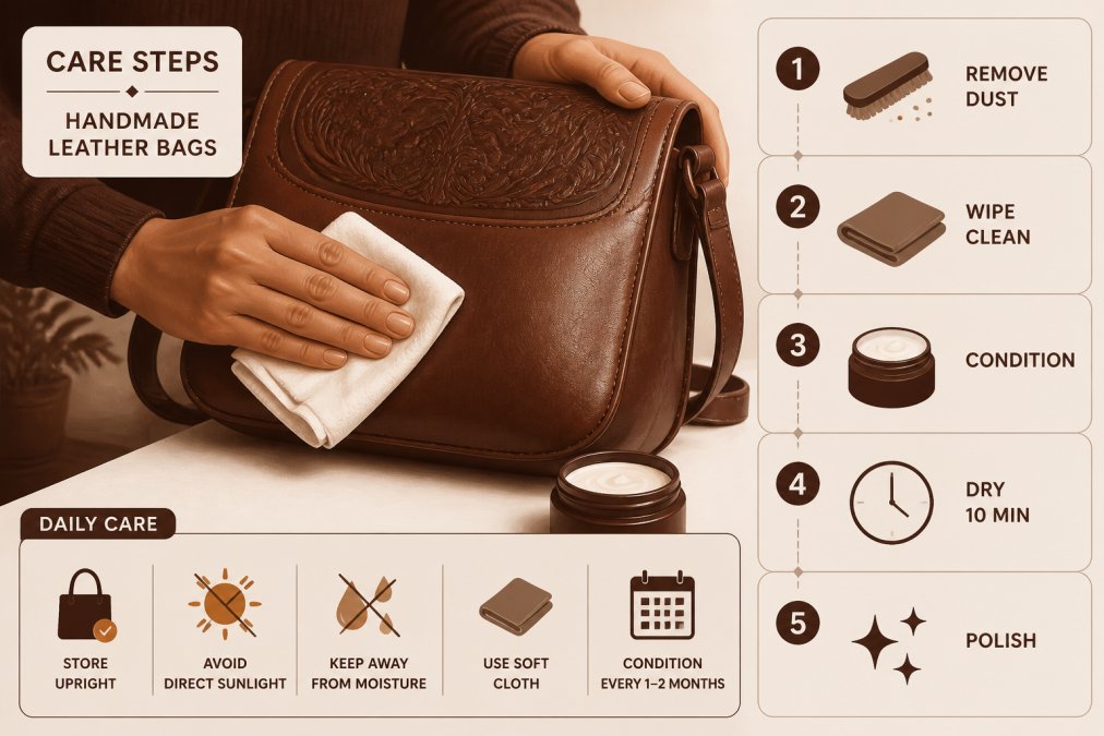 Close-up of hands gently cleaning and conditioning a full-grain leather bag with a soft cloth, showing natural patina and craftsmanship details with warm natural lighting