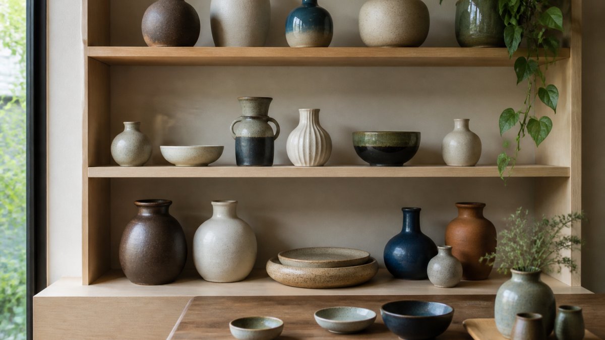 Styled shelf display featuring grouped ceramic vases, decorative bowls, and artisanal pottery pieces at varying heights with natural light illuminating glaze textures and negative space between pieces