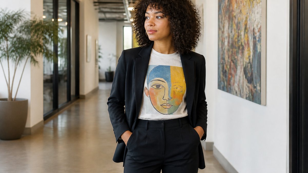 A young professional wearing a structured blazer over a colorful graphic tee paired with tailored trousers, standing in a bright modern office hallway
