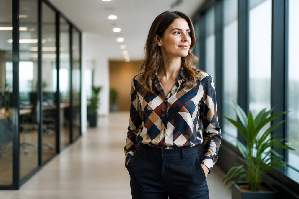 Confident professional in a modern office wearing a blouse with bold geometric patterns and tailored trousers.