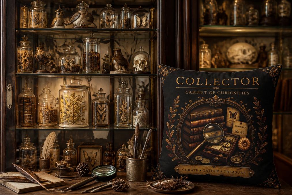 Small curiosities arranged inside a glass display cabinet