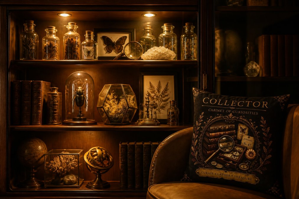 Warmly illuminated cabinet of curiosities