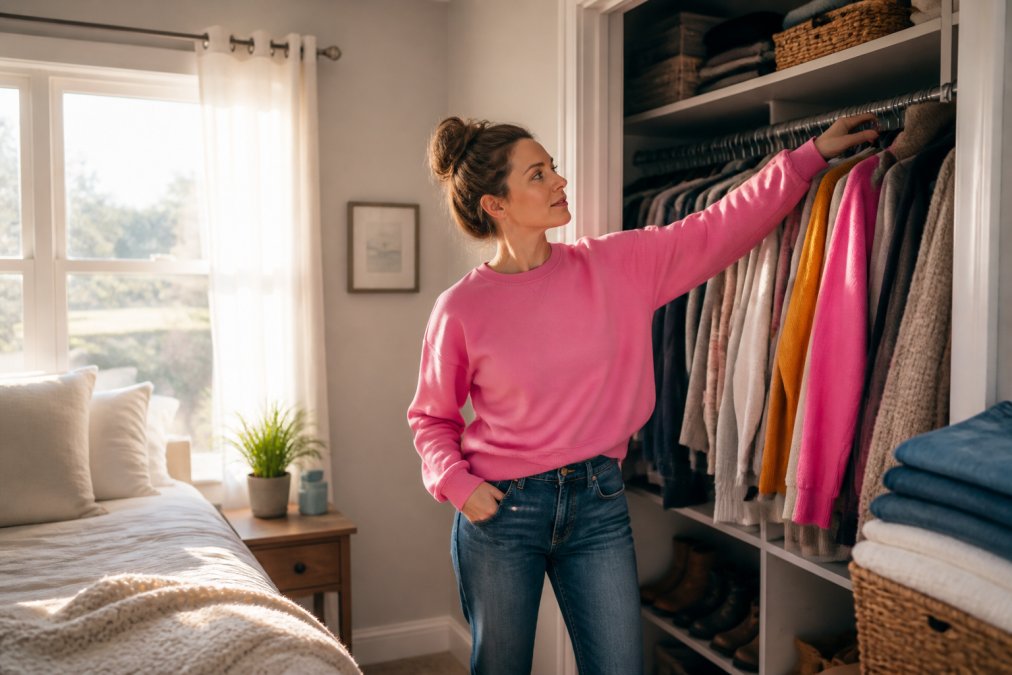 Busy mom getting ready in morning wearing colorful sweatshirt and jeans, reaching into closet with relaxed confidence, natural morning light streaming through bedroom window